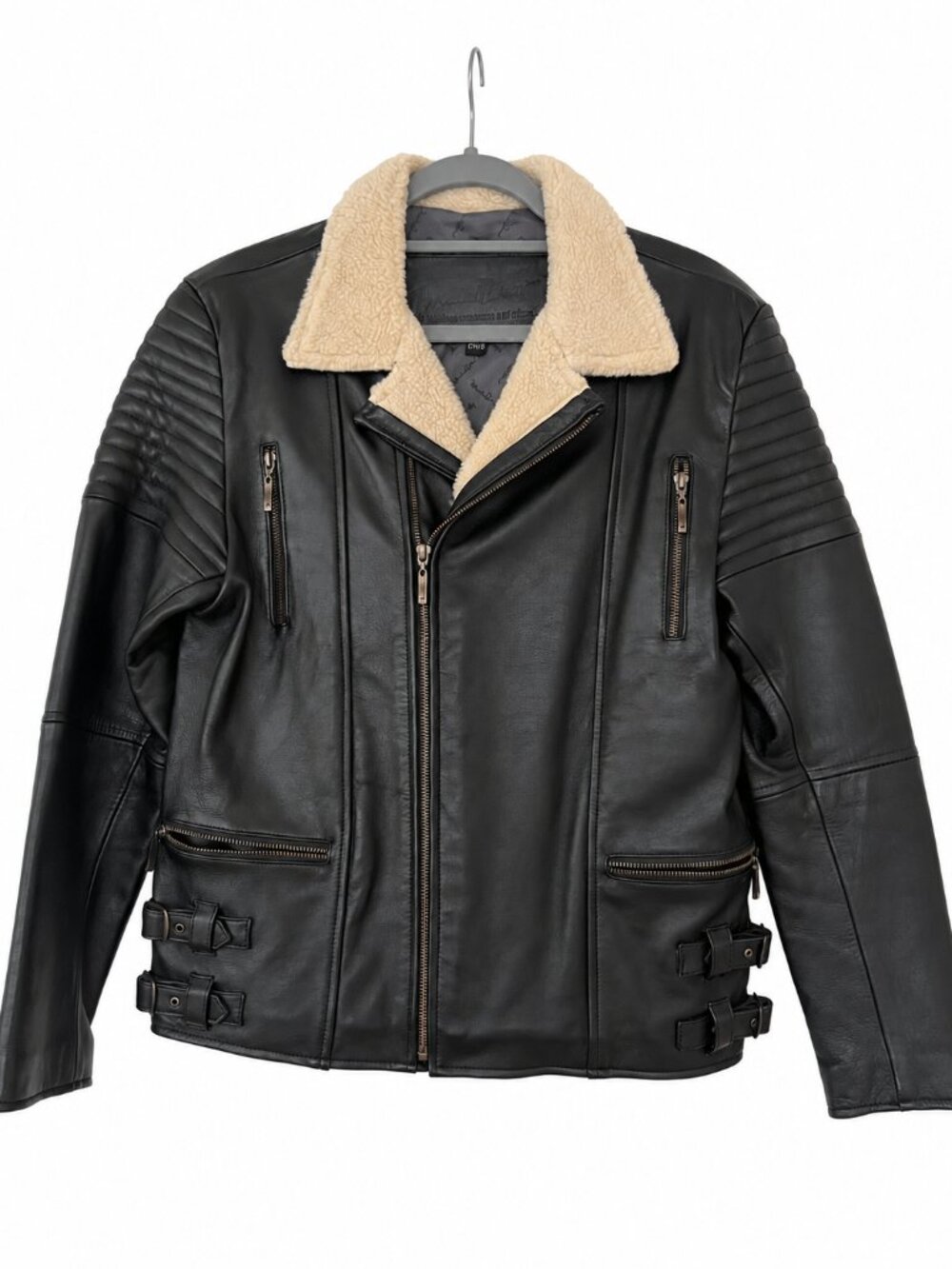 Michel Domit Black Sheepskin Leather Moto Jacket Shearling Collar Size S